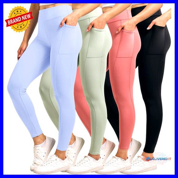 4-Pack Women's Full Length Athletic Leggings with Pockets High Waist Tummy - Picture 1 of 6